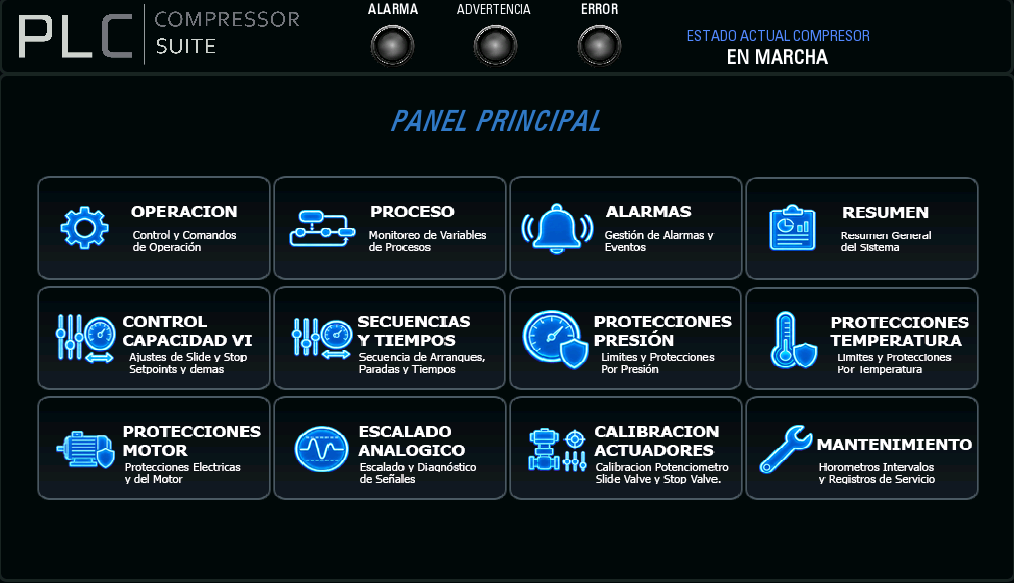Panel principal de PLC Compressor Suite